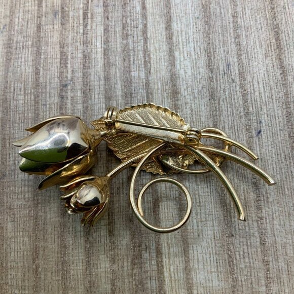 Double Roses Flower Leaf Gold Tone Vintage Brooch Pin - Picture 5 of 6
